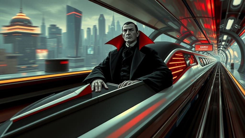 Gothic Vampire Lord Rides Futuristic Train Through Cyberpunk...
