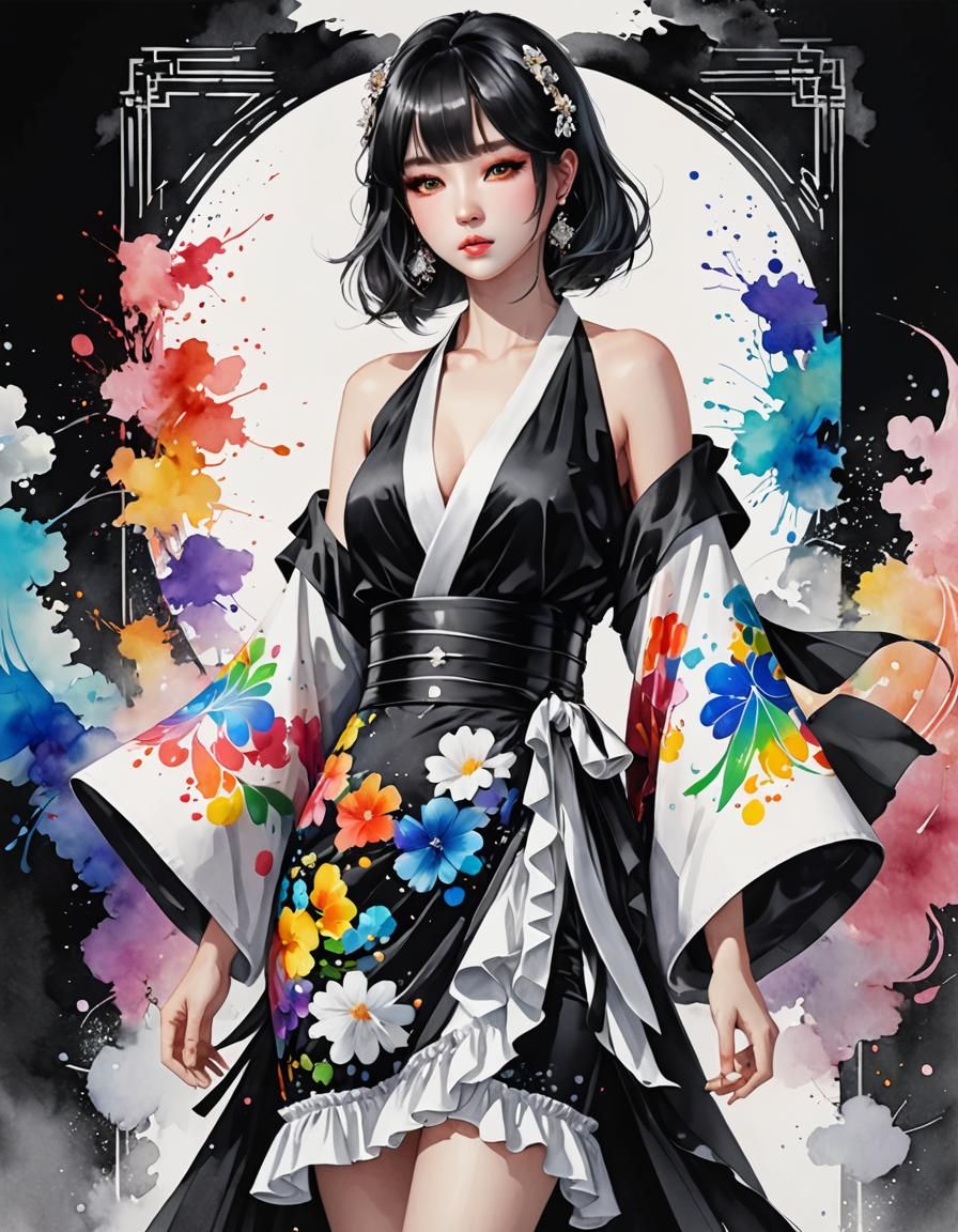 High Contrast Kimono in Watercolor Anime Style