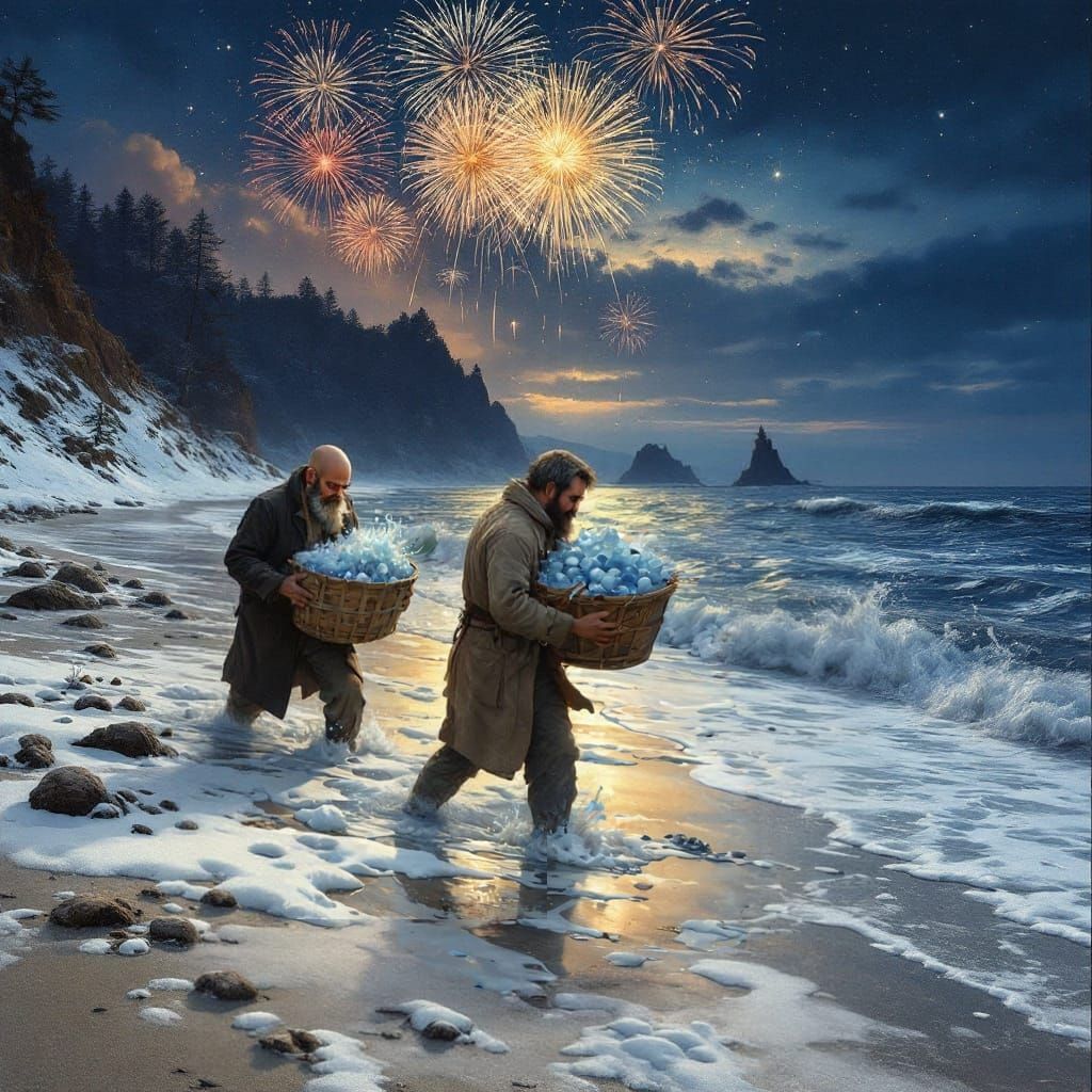 Jugendstil Beach Scene: Frosty Evening with Fireworks