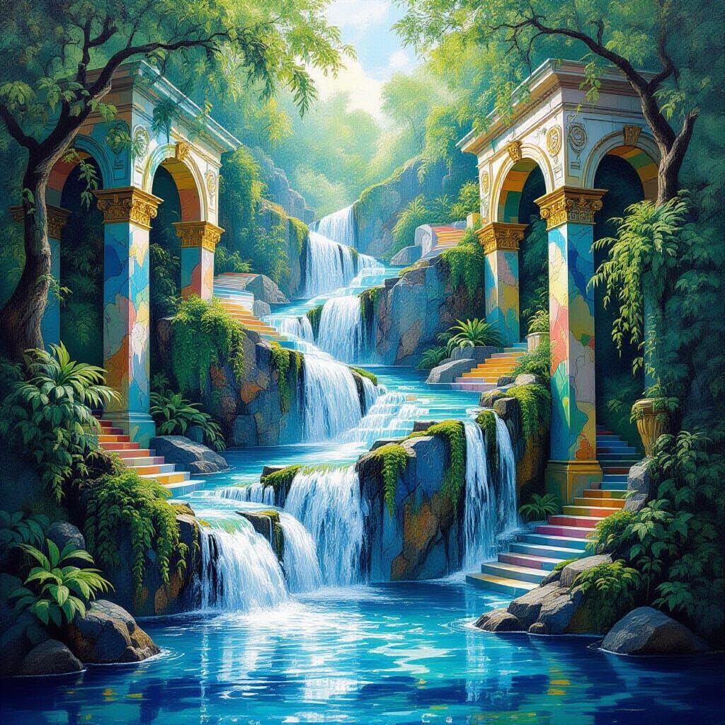 Paradoxical Waterfalls: Neo-Impressionist Architectural Illu...