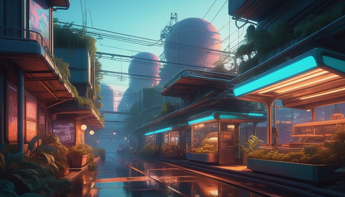 Cyberpunk City Concept Art with Glowing Gardens