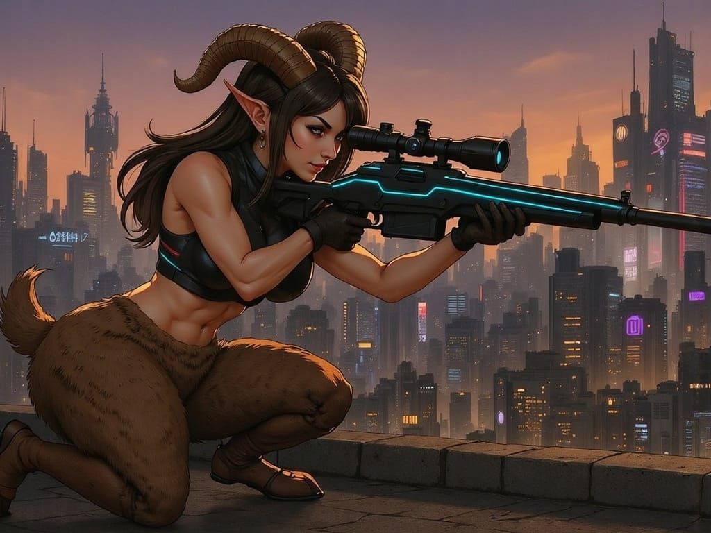 Cyberpunk Satyr Assassin Aiming Rifle on Rooftop