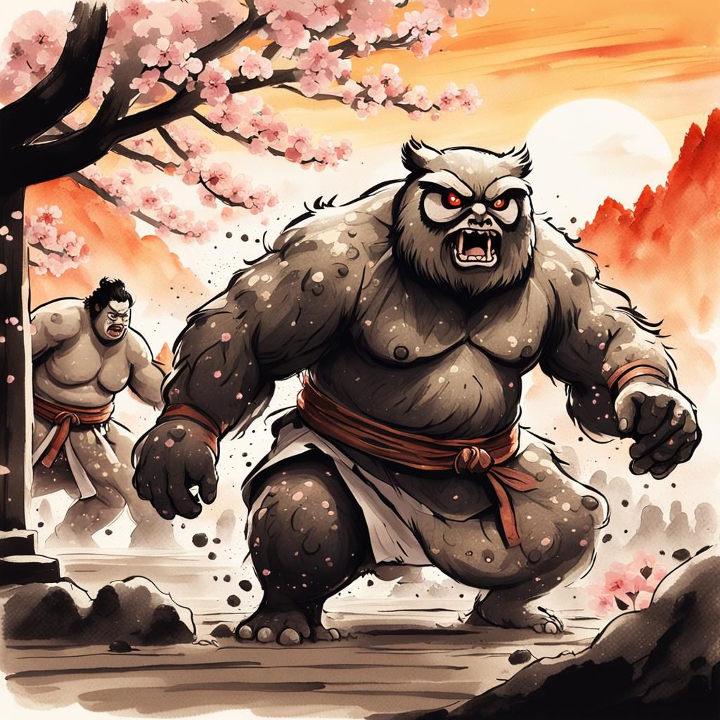 Owlbear Sumo Wrestler in Ink Wash Style