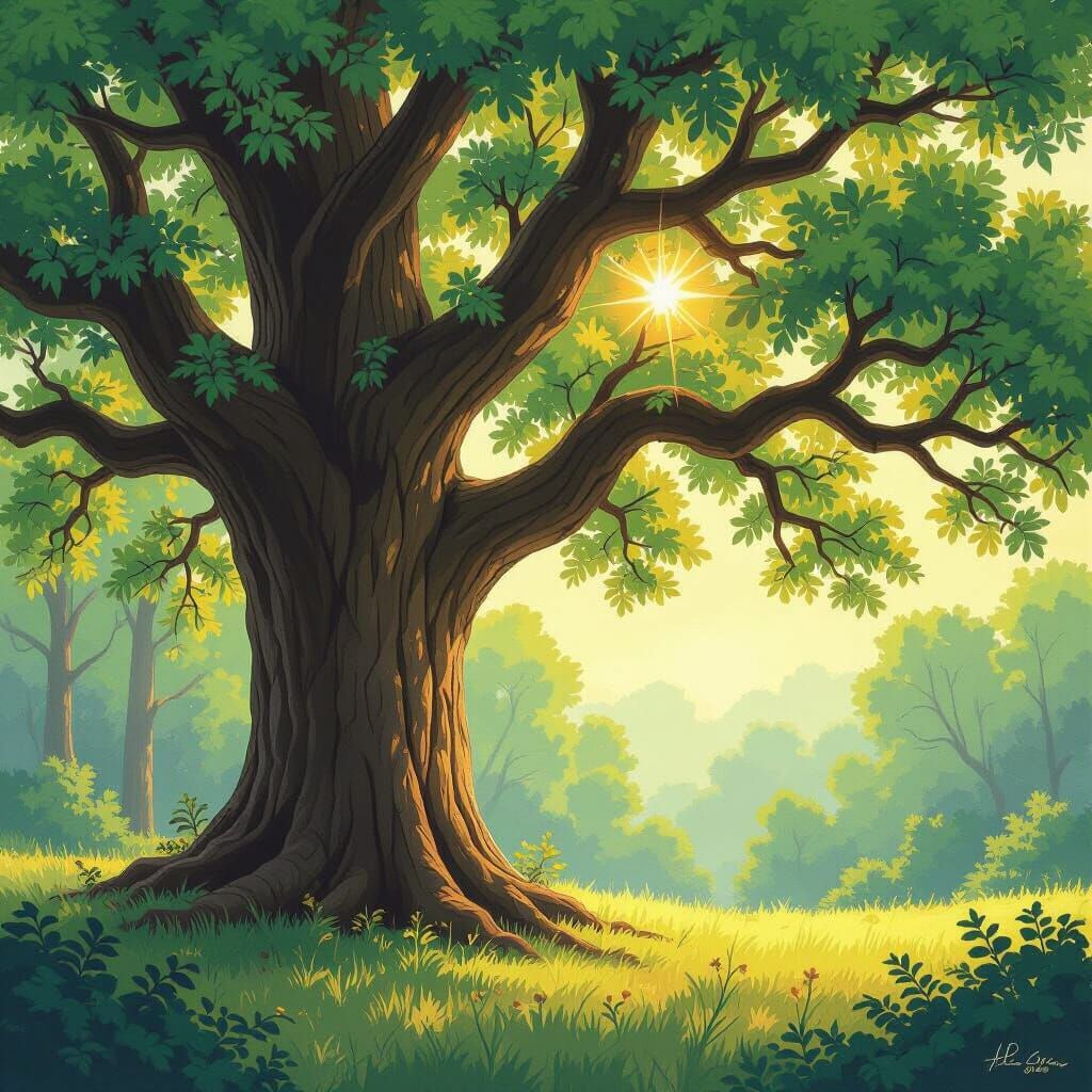 Majestic Oak Tree in Sunlit Forest, Miyazaki & Monet Inspire...