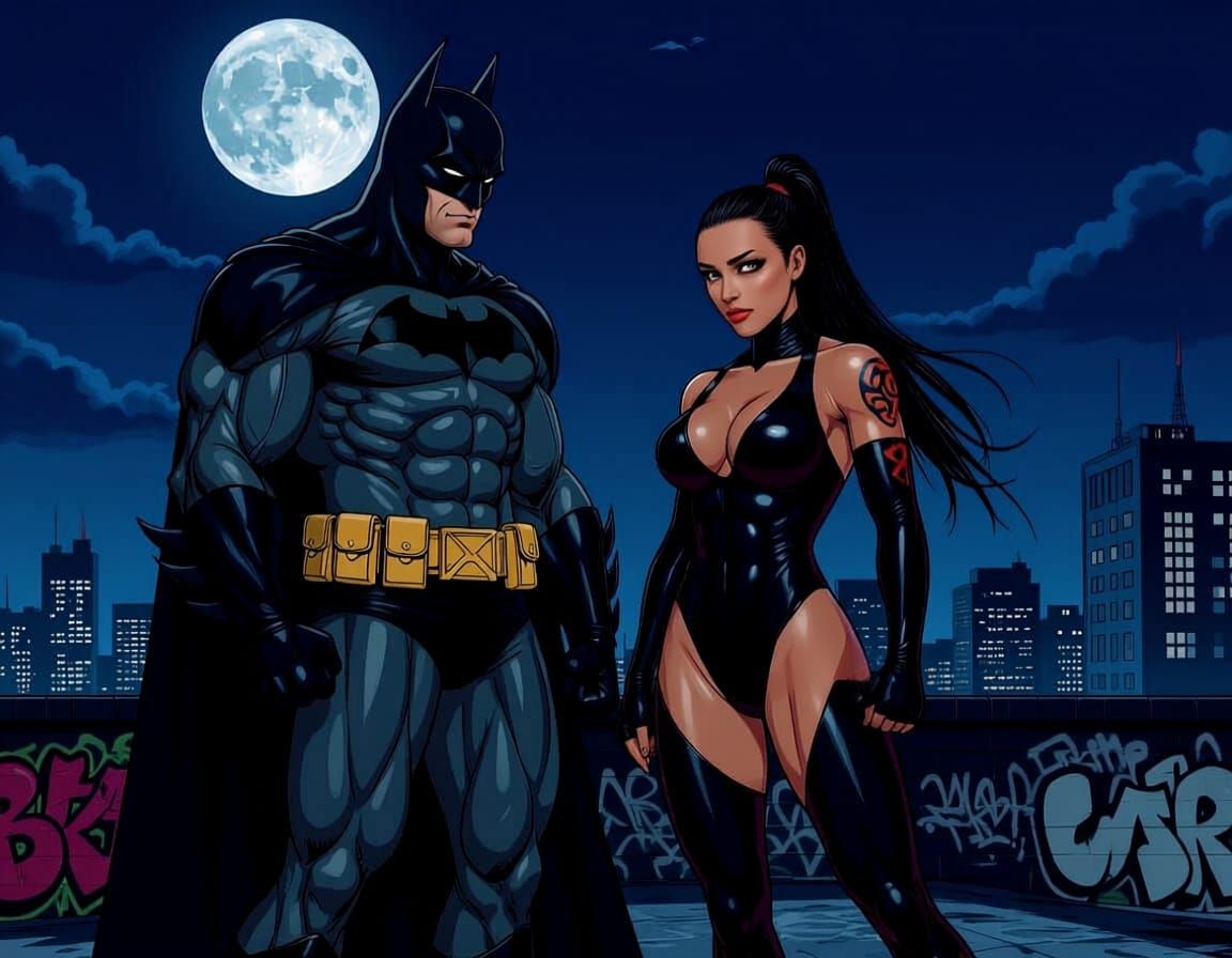 Batman and Katana on Rooftop in Graffiti Style