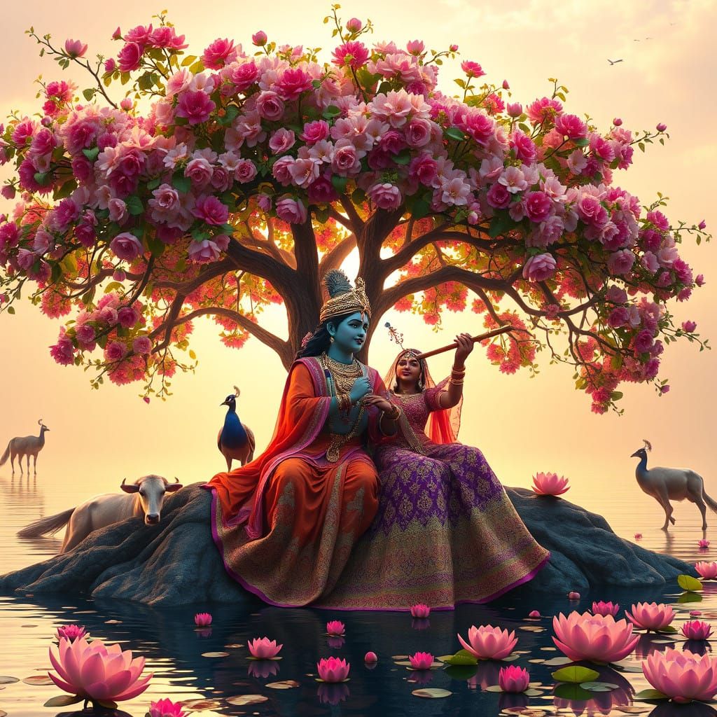 Blissful Divine Couple Under a Vibrant Tree