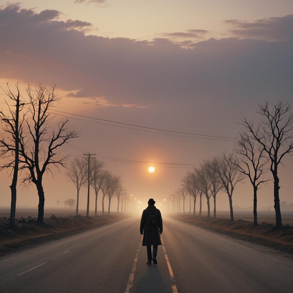 Lonely Traveler Walks Towards Glowing Horizon