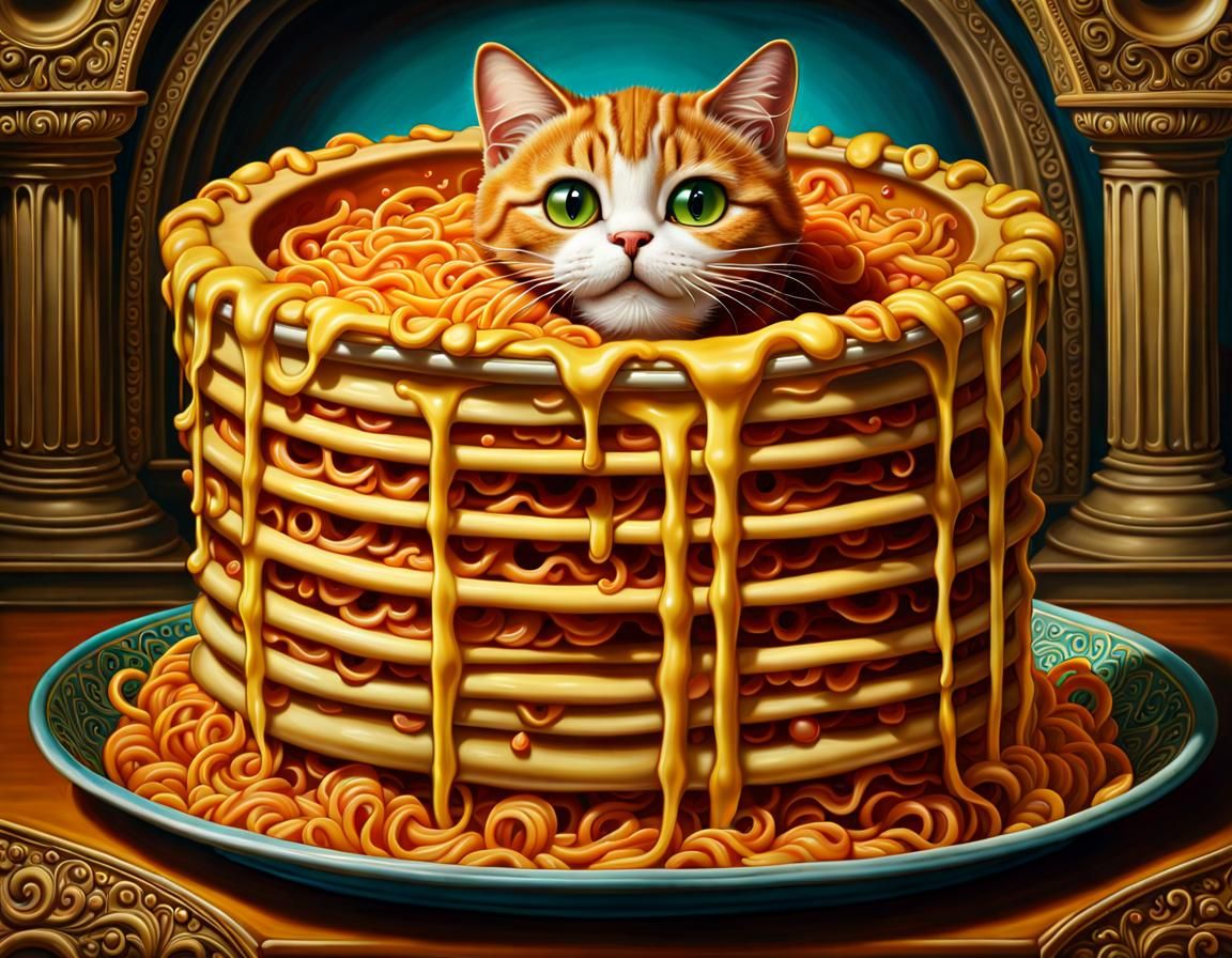 cat in melting cheese dish