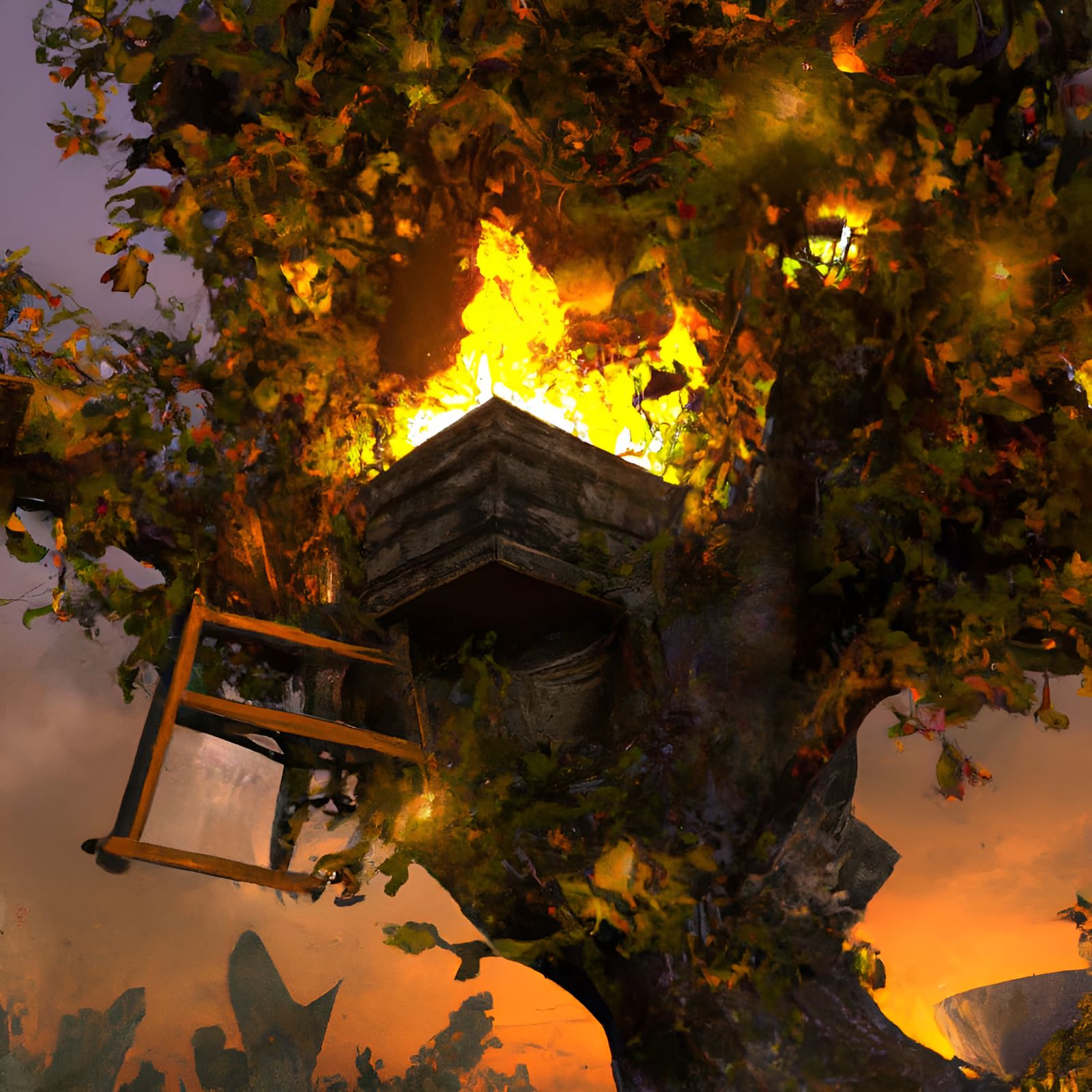 Mystical Elven Tree Fort Near Campfire
