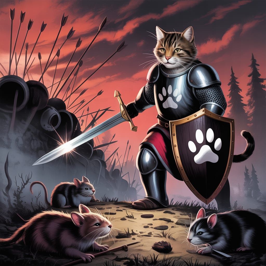 Tabby Cat Knight Amidst Battlefield Chaos