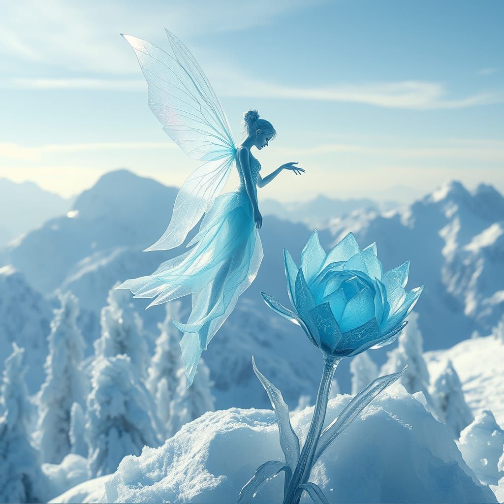 Ethereal Ice Fairy in a Crystal Gown Flies Above Snowy Mount...