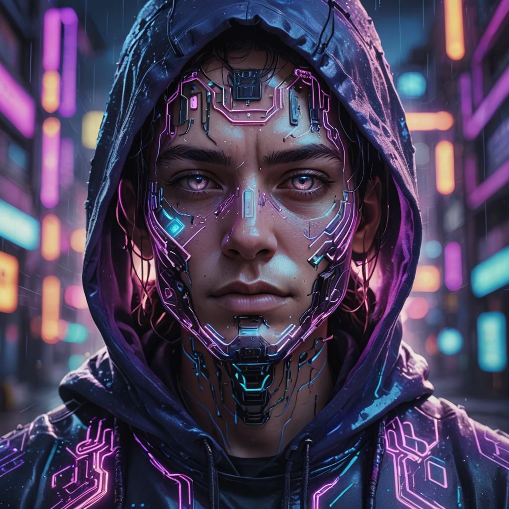 Cyberpunk Portrait of Hooded Robot in Neon Noir Style