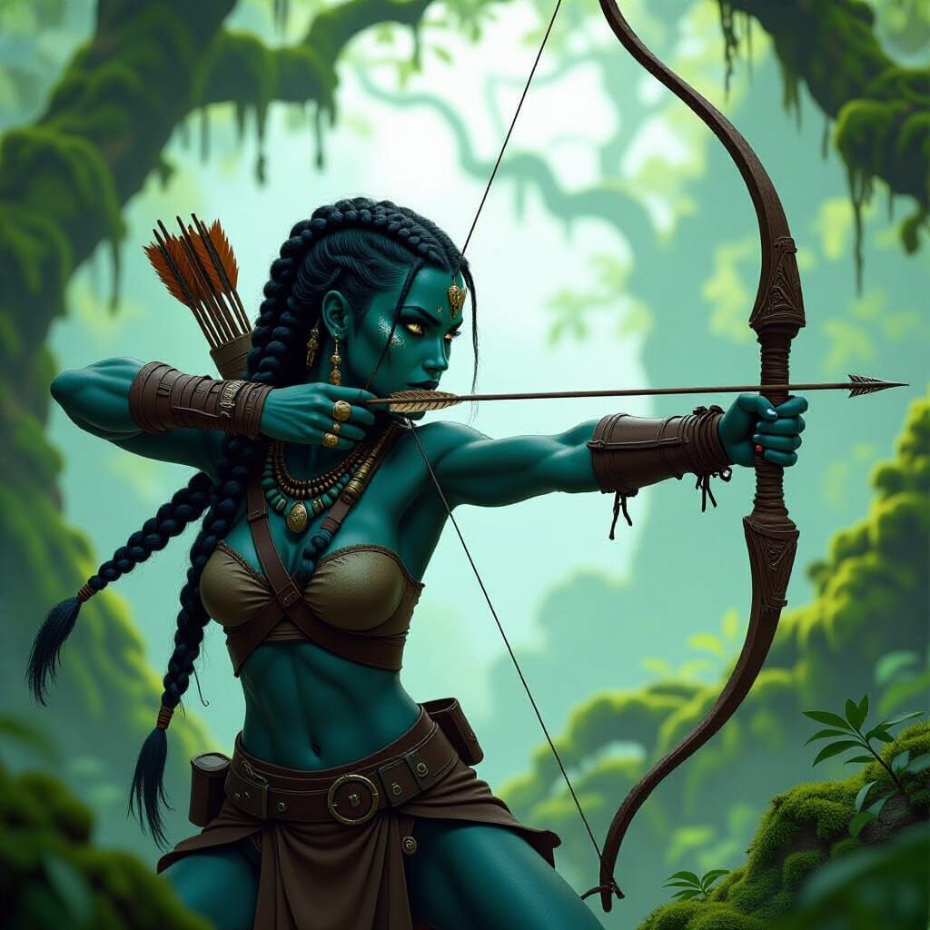Blue-Skinned Warrior Hunting in Forest, Fantasy Art
