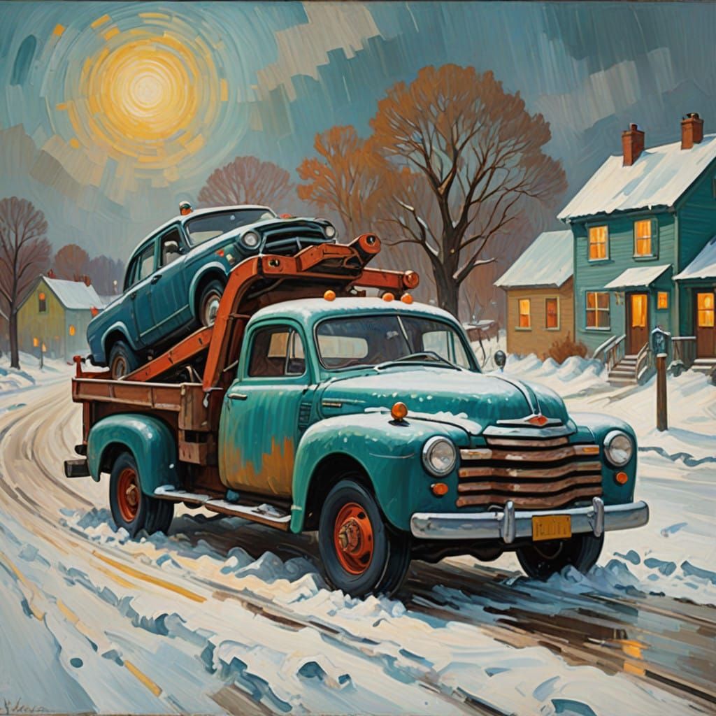 Impasto Winter Scene: Tow Truck Unleashes Snow-Entombed Car