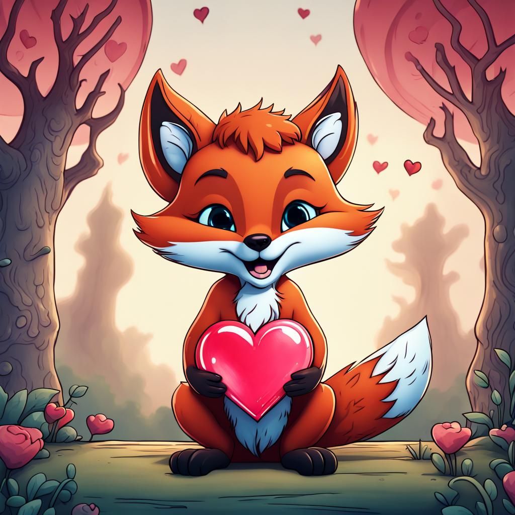 Cute Cartoon Fox Holding Heart in Matte Painting Style