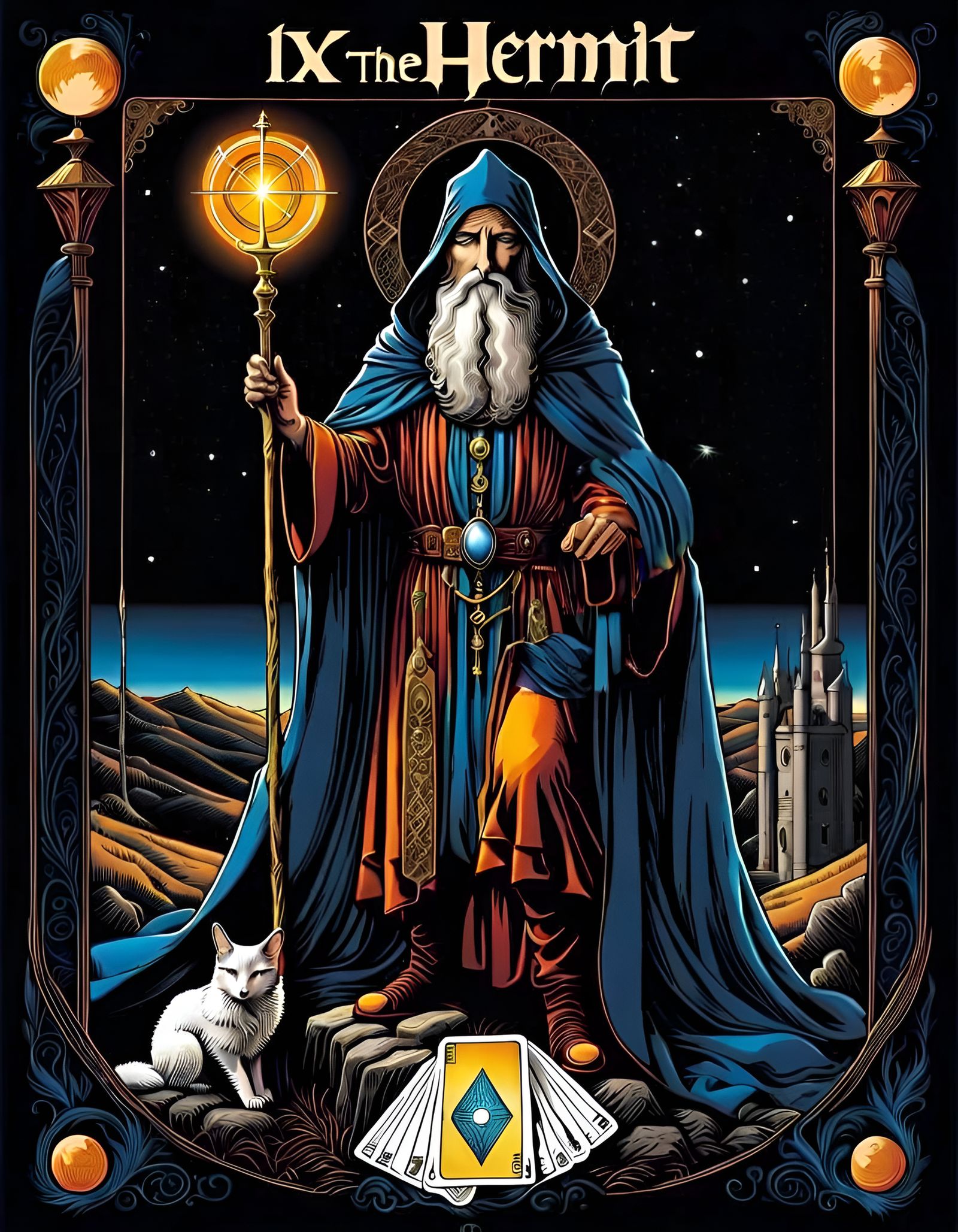 The Hermit Tarot Card Illustration in Traditional Style