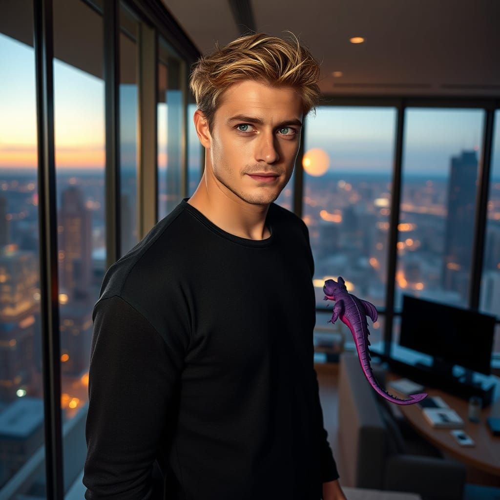 Man and Dragon in Modern Apartment, Cinematic Style