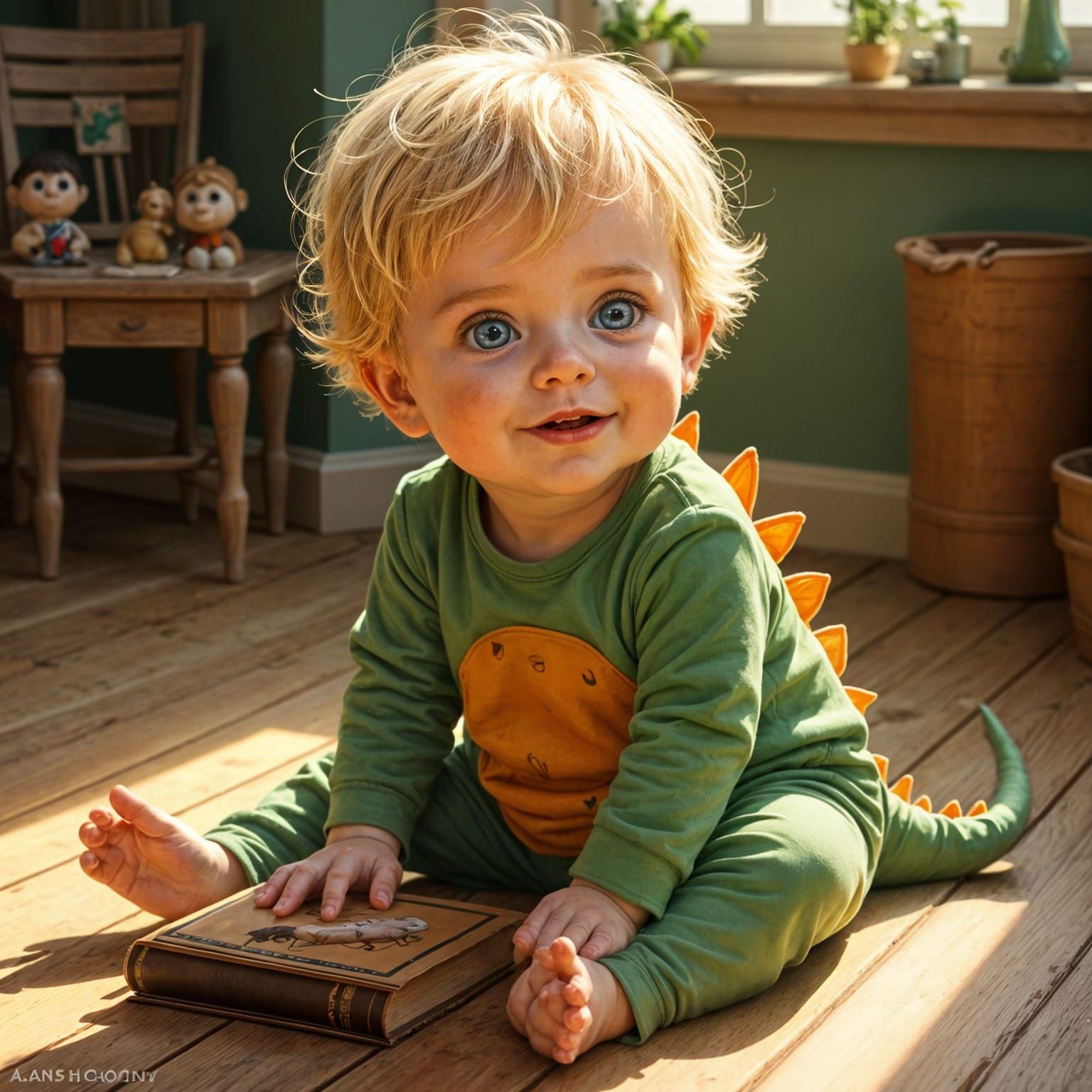 Baby in Dinosaur Costume: Oil Painting