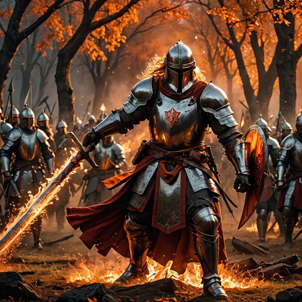 Courageous Knight in Fiery Medieval Battle