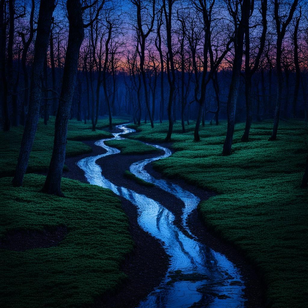 Twilight Forest Path with Winding Streams