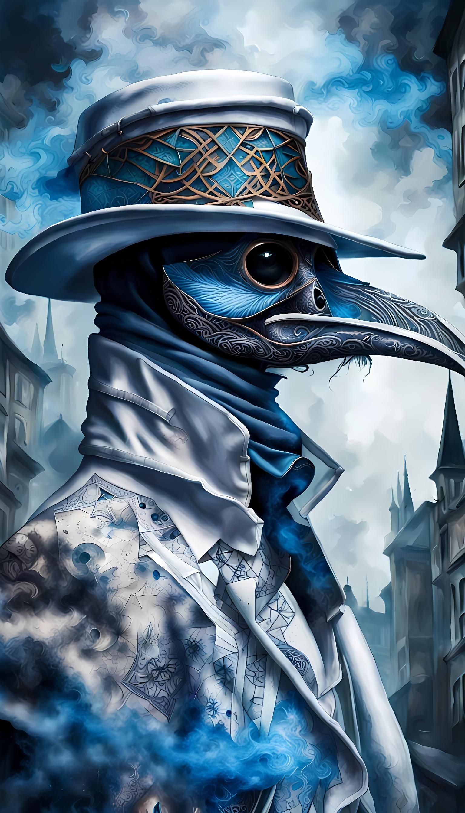 Epic Blue Plague Doctor in Smoky Linework Magic