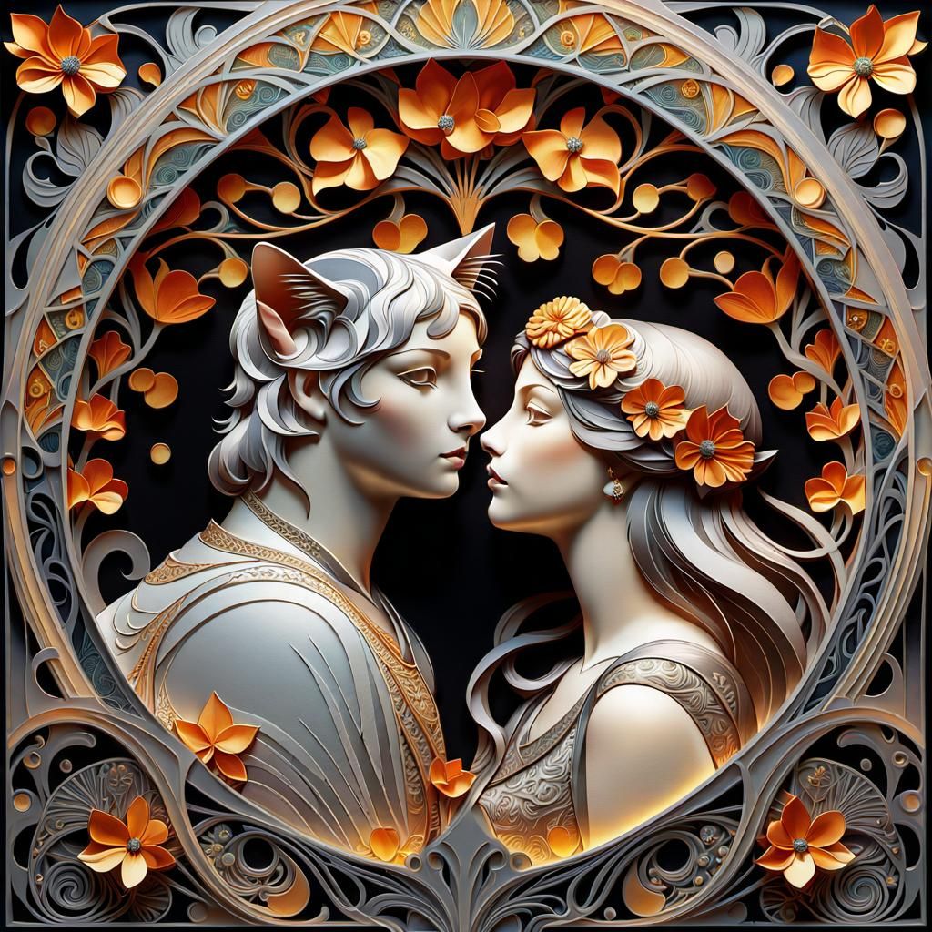 Tabby Cat Humanoid in Art Nouveau Style