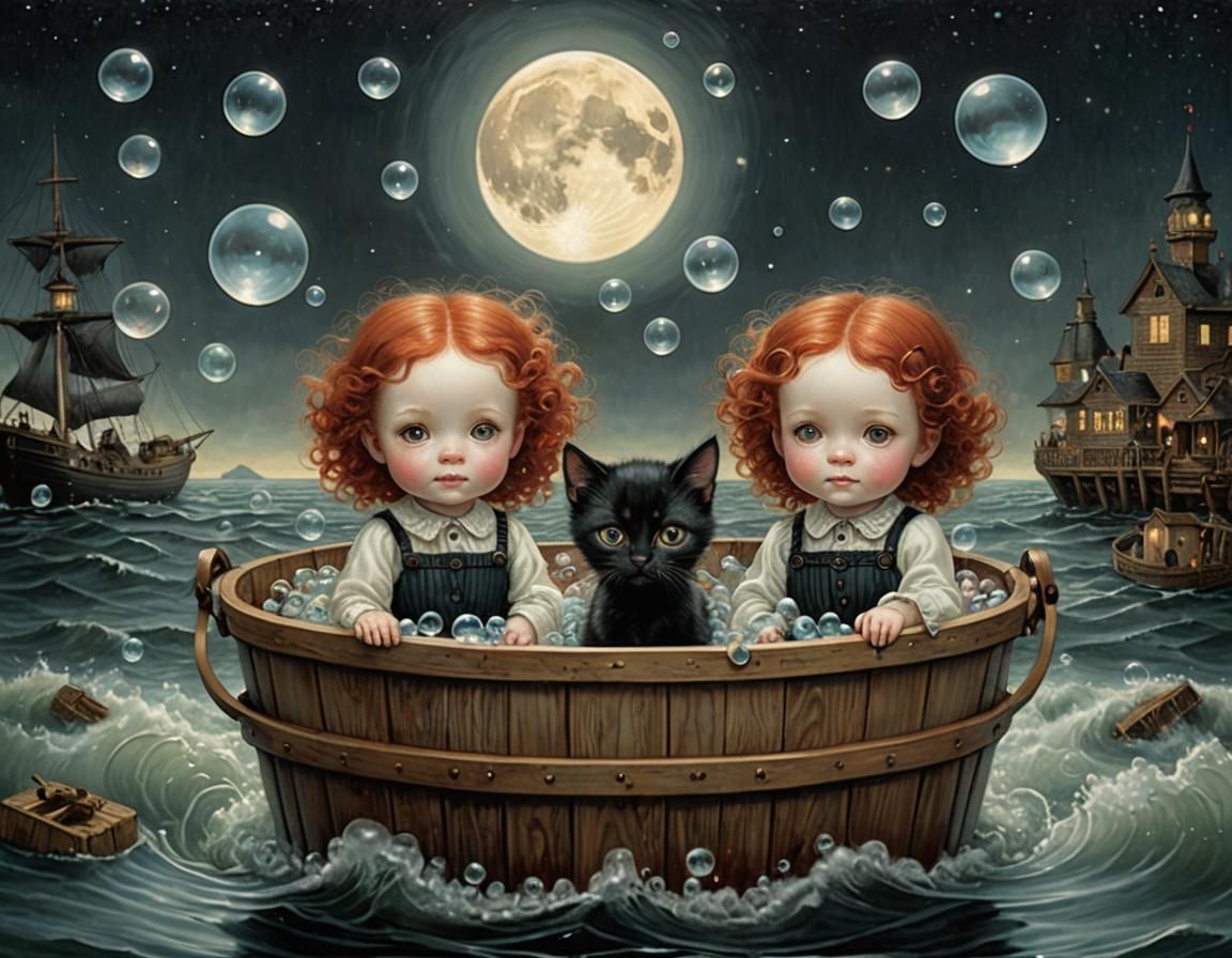 Twins' Bubble Bath Adventure at Sea: Victorian Fantasy