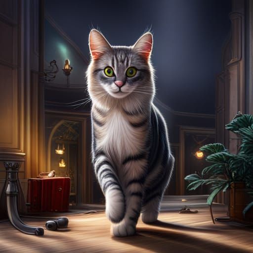Grey Tabby Cat Graceful Stroll, Animated Style