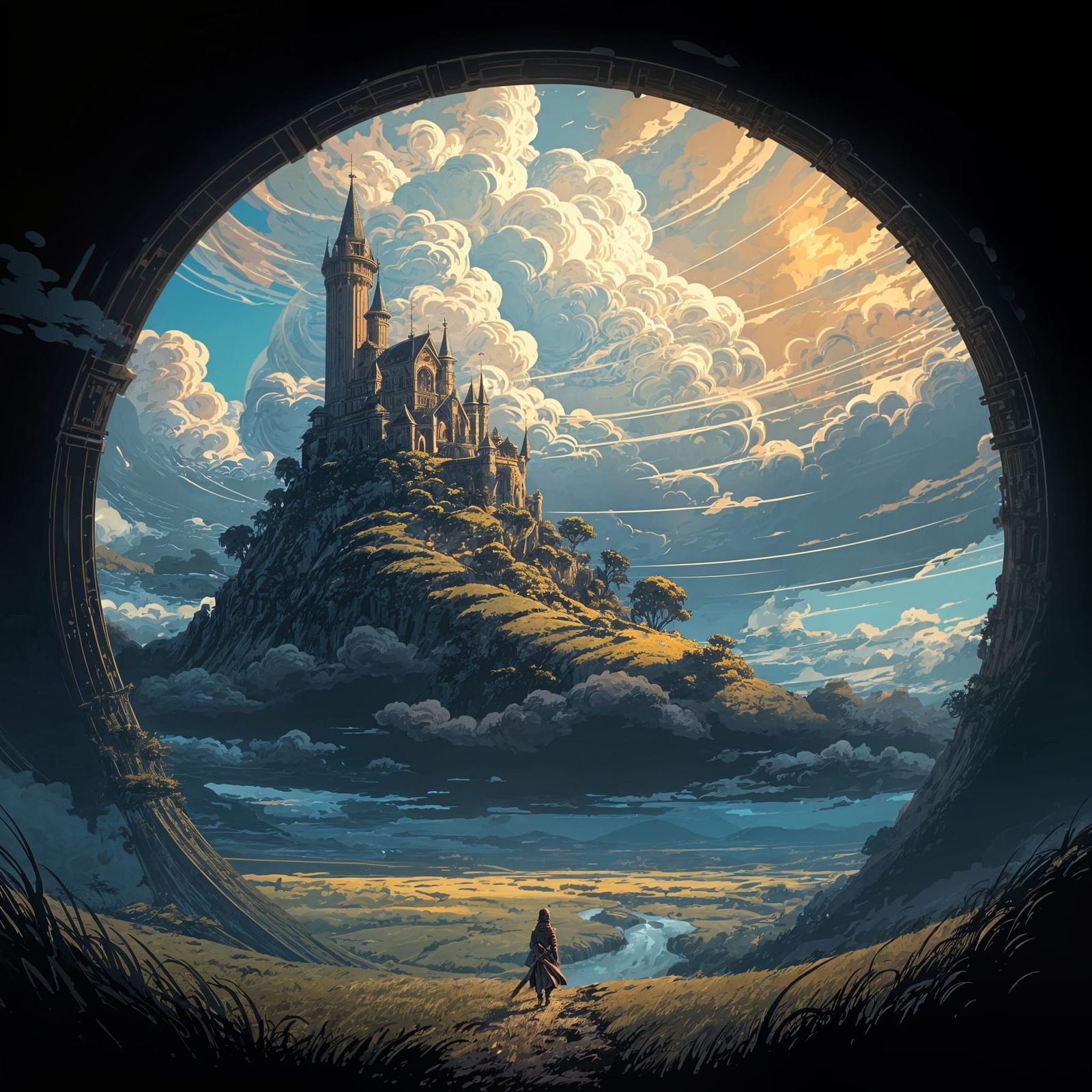 Medieval Fantasy Vector Art with Swirling Clouds