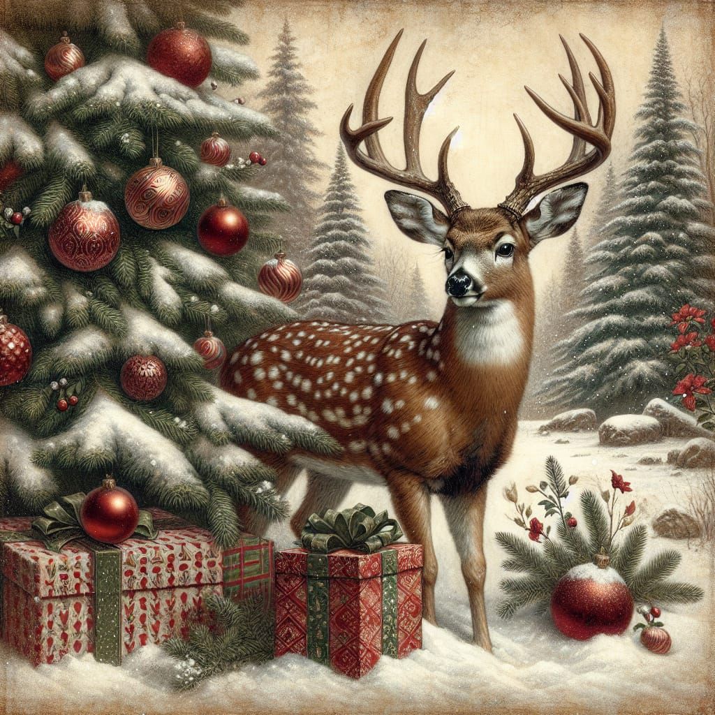Vintage Christmas Card Deer in Snowy Scene