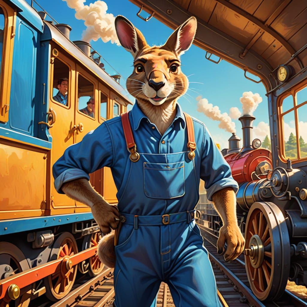 Kangaroo Train Engineer in Cartoon Style