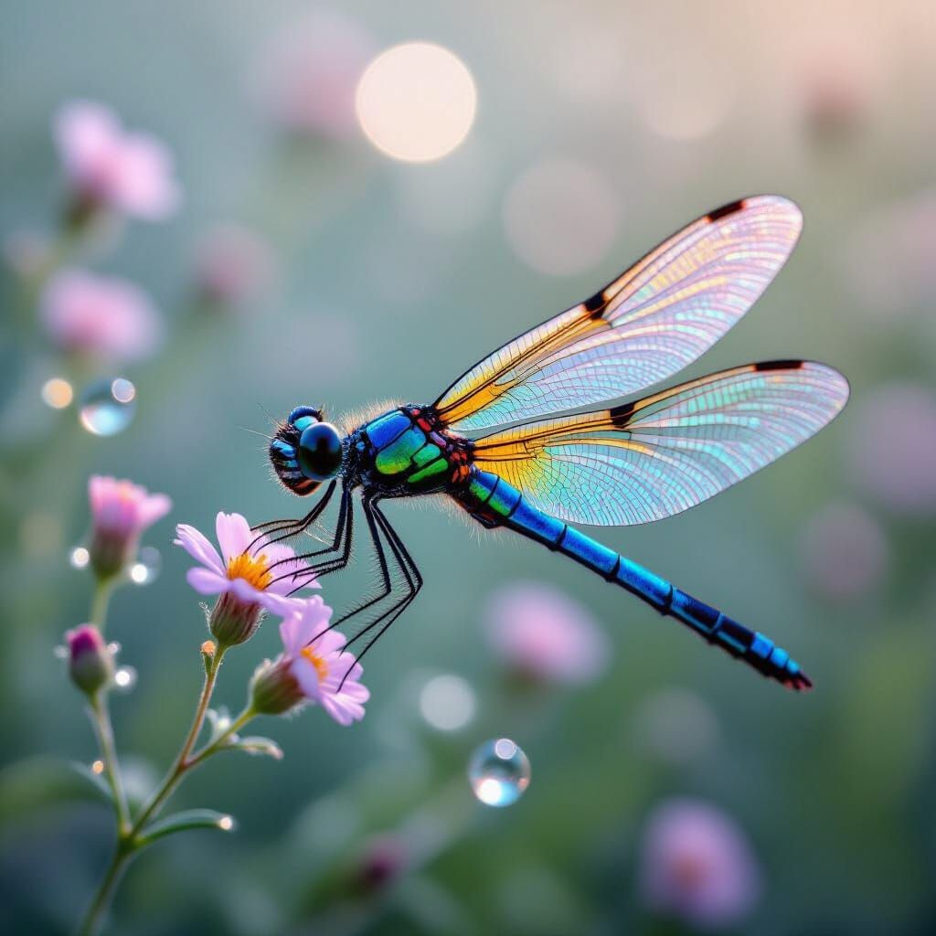Dragonfly Macro Photo With Iridescent Wings and Bokeh Backgr...