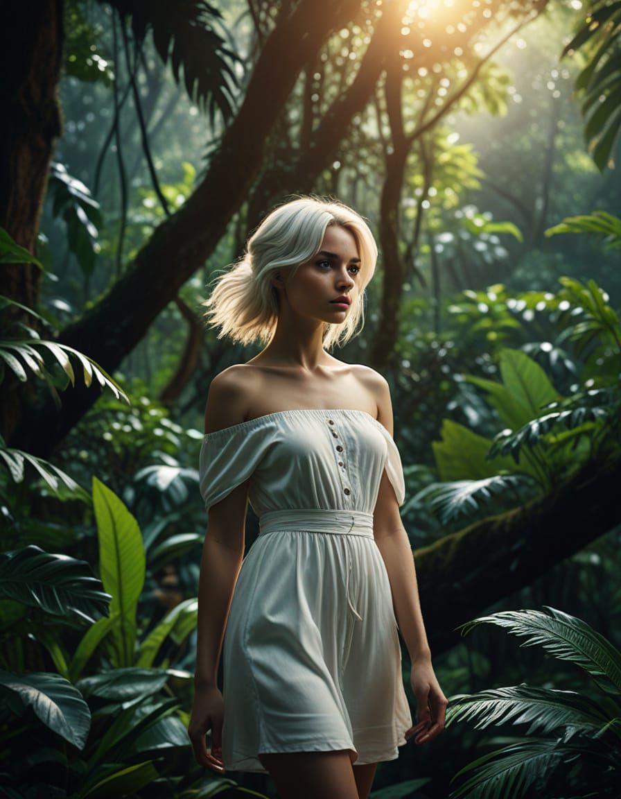 Woman in Jungle, Photorealistic Cinematic Still