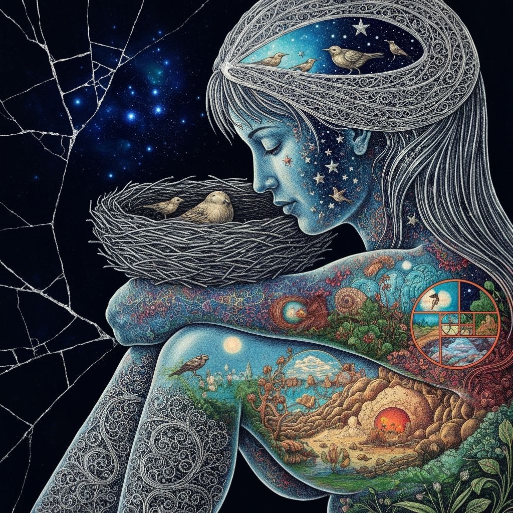 Surreal Woman Carries Star Nest, Nature and Cosmic Connectio...