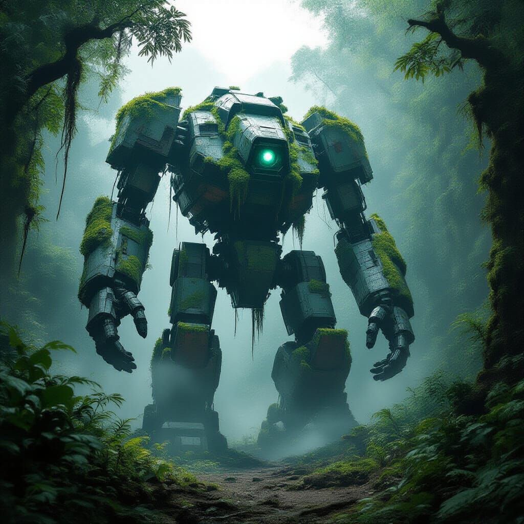 Ancient Robot in Mist-Filled Jungle Clearing
