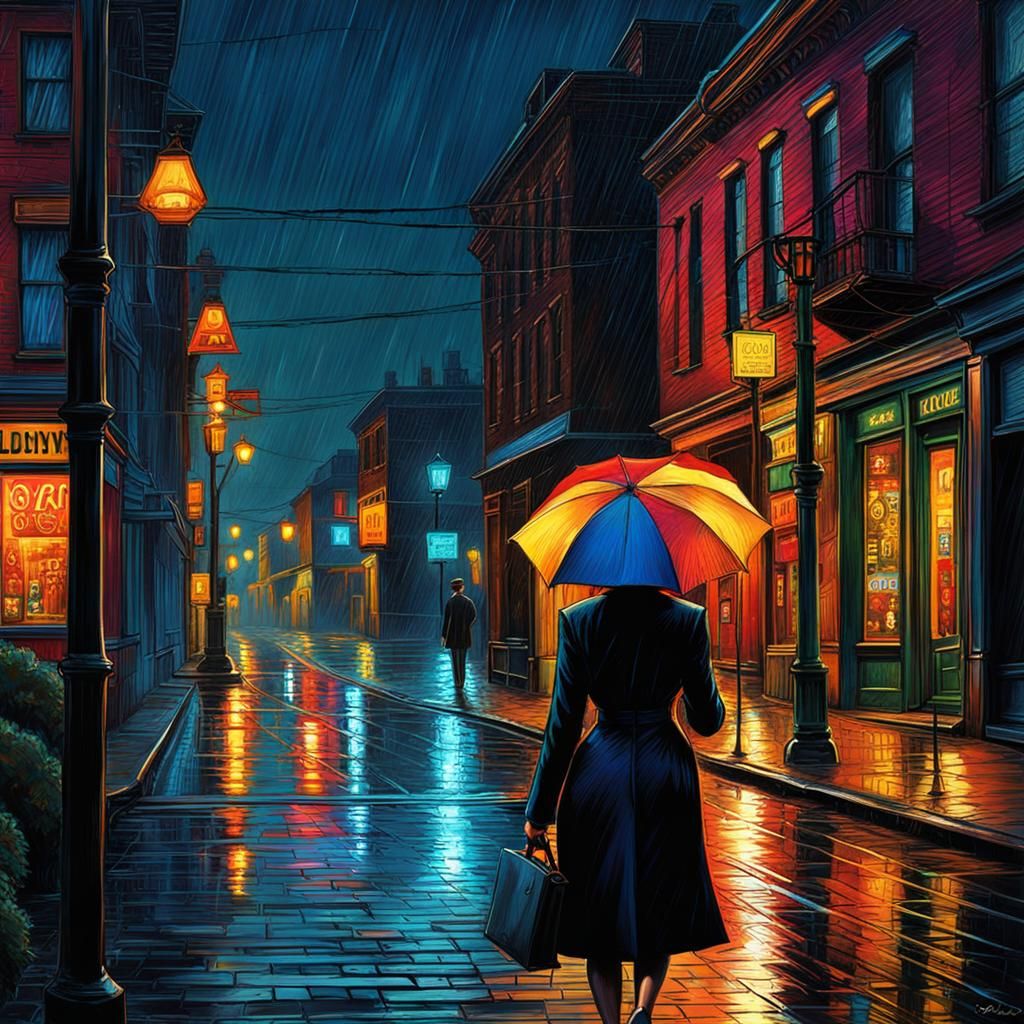 Rainy Night Street Scene in Film Noir Style