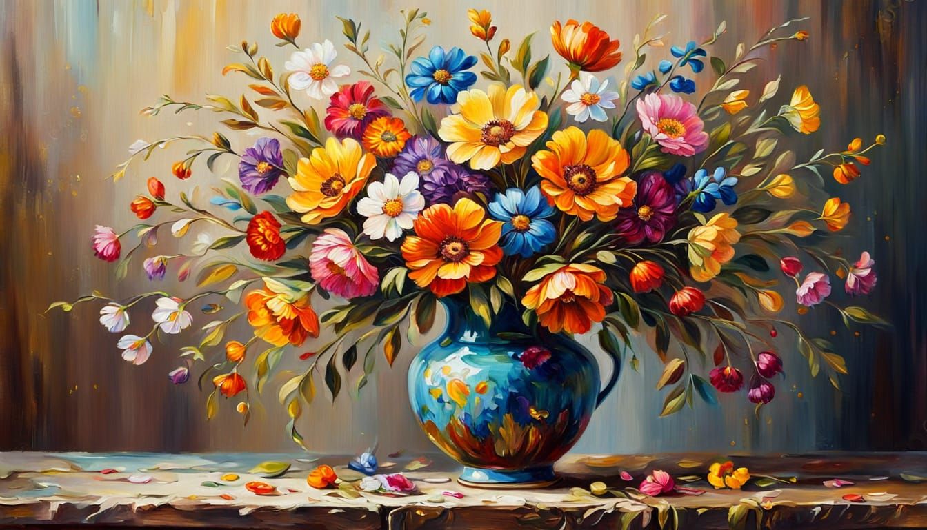Vibrant Oil Painting of Colorful Flowers in a Vintage Vase