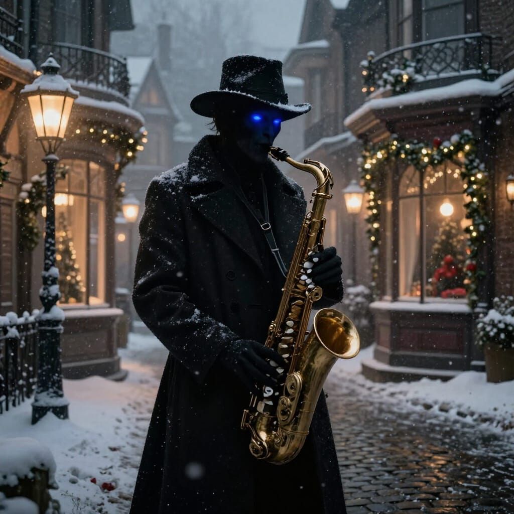 Shadowy Saxophonist in Surreal Victorian Christmas