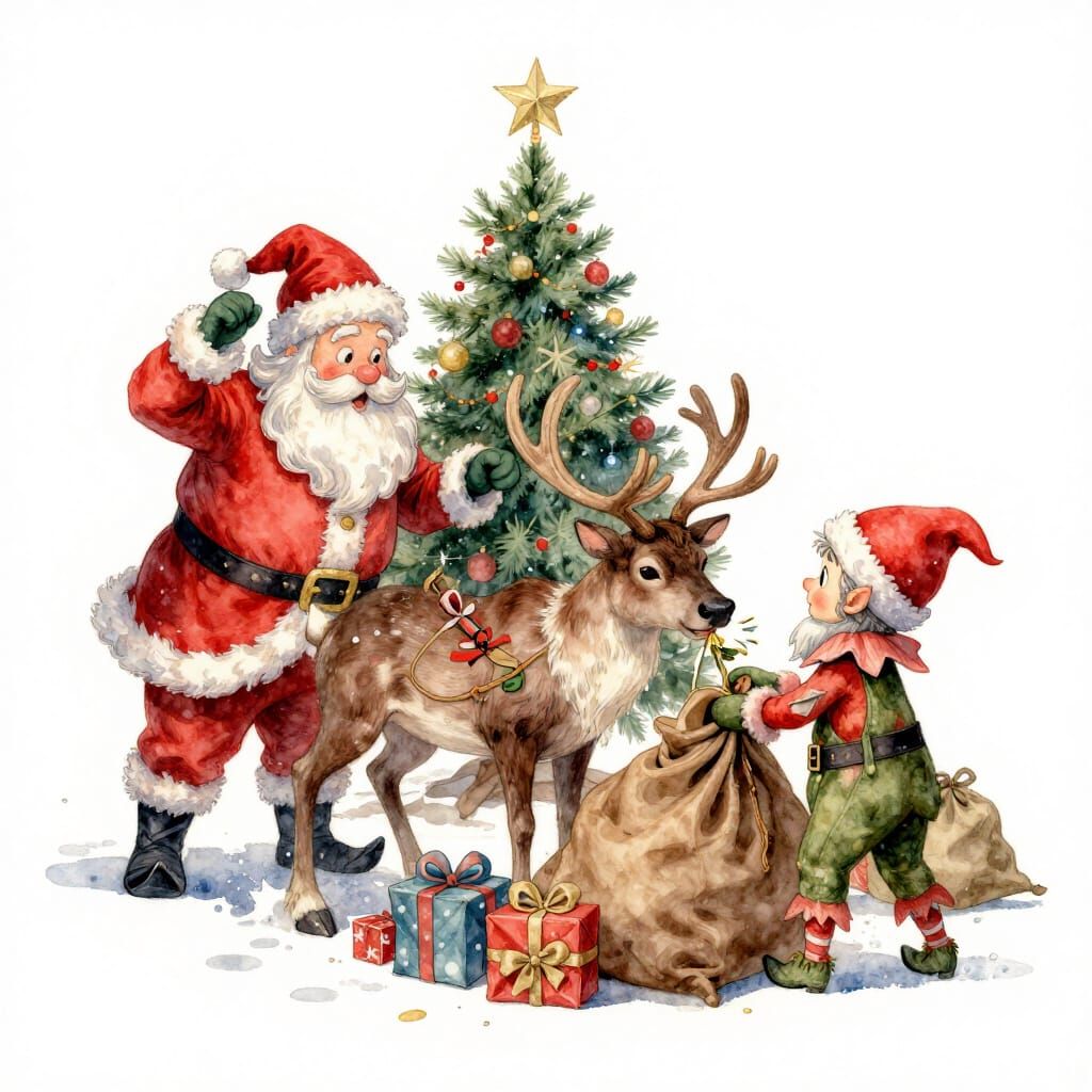 Christmas Elves and Santa Feed Reindeer, Load Presents in Wa...