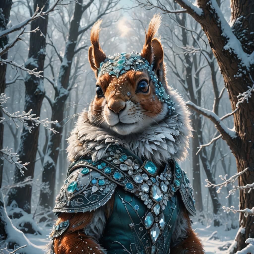 Jeweled Squirrel Portrait in Winter Forest