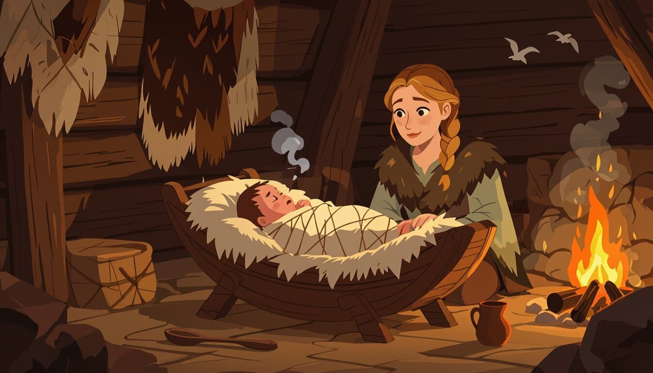 Viking Longhouse Newborn Scene in Flat Cartoon Style