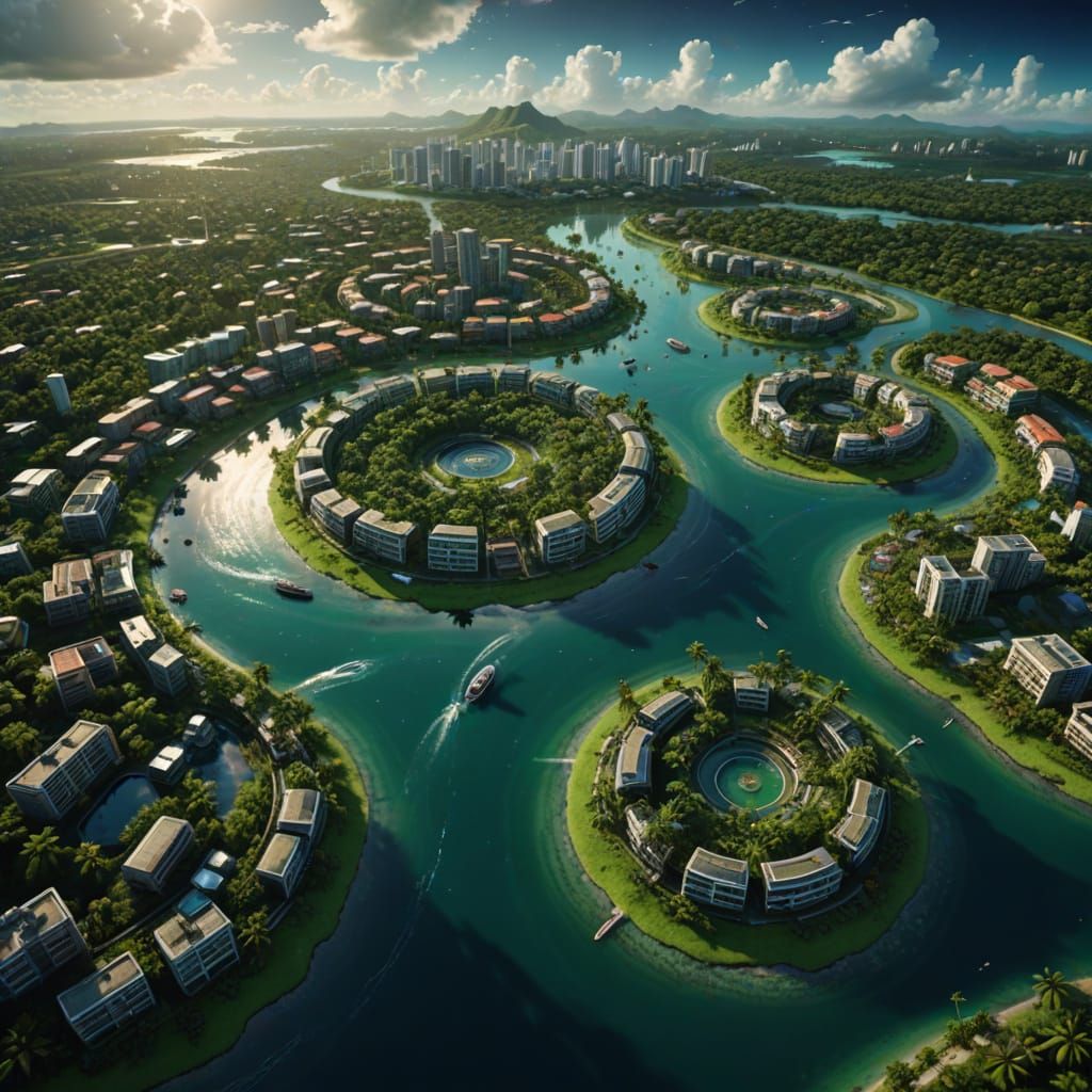 Photorealistic Tropical Island City in Space