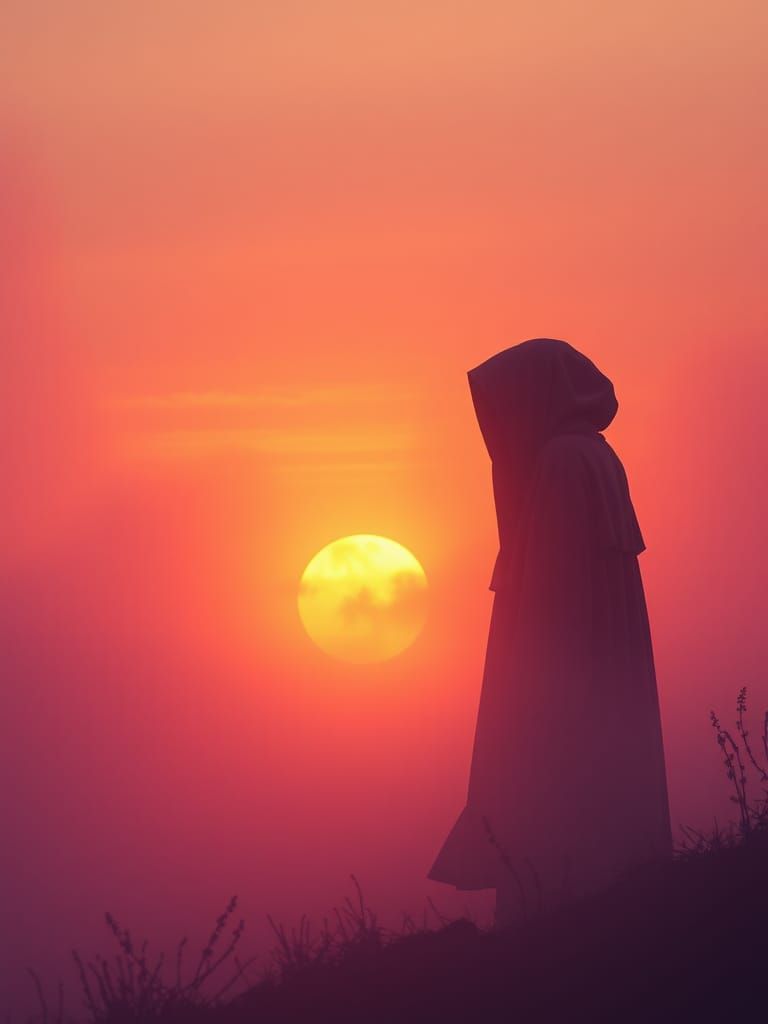 Ethereal Figures Emerging from Mist at Sunrise