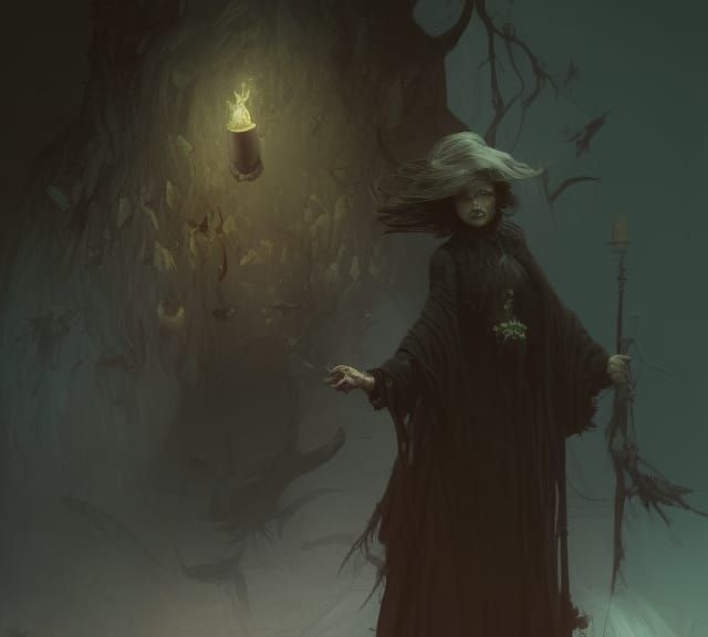 Detailed Dark Fantasy Witch in Purple and Yellow