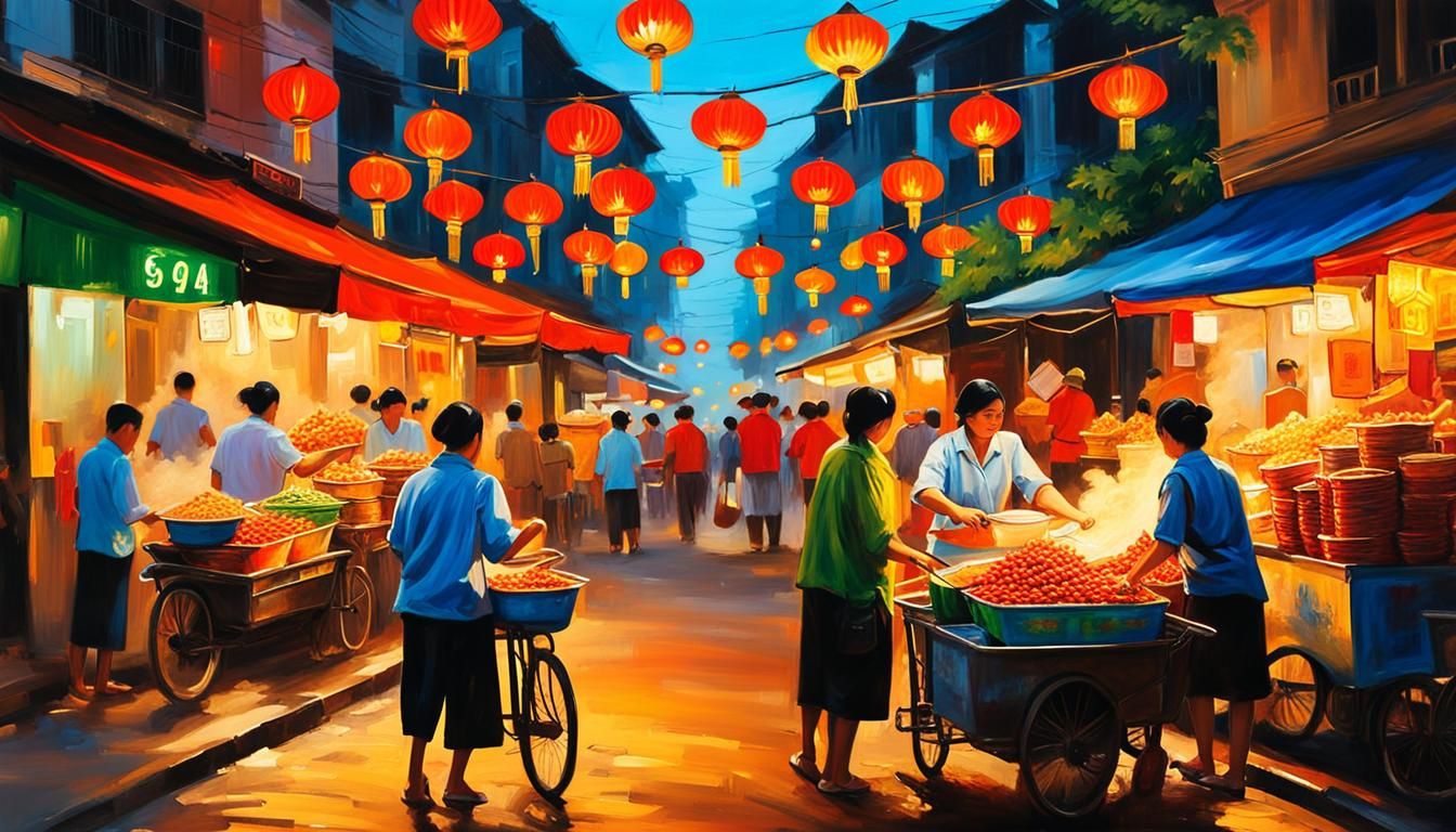 Hanoi Street Food at Night: Impressionist Oil Painting