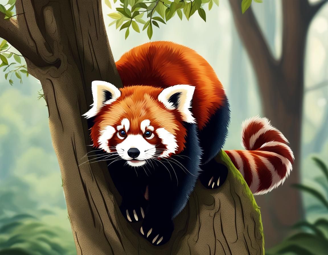 Red Panda Peering From Forest Tree