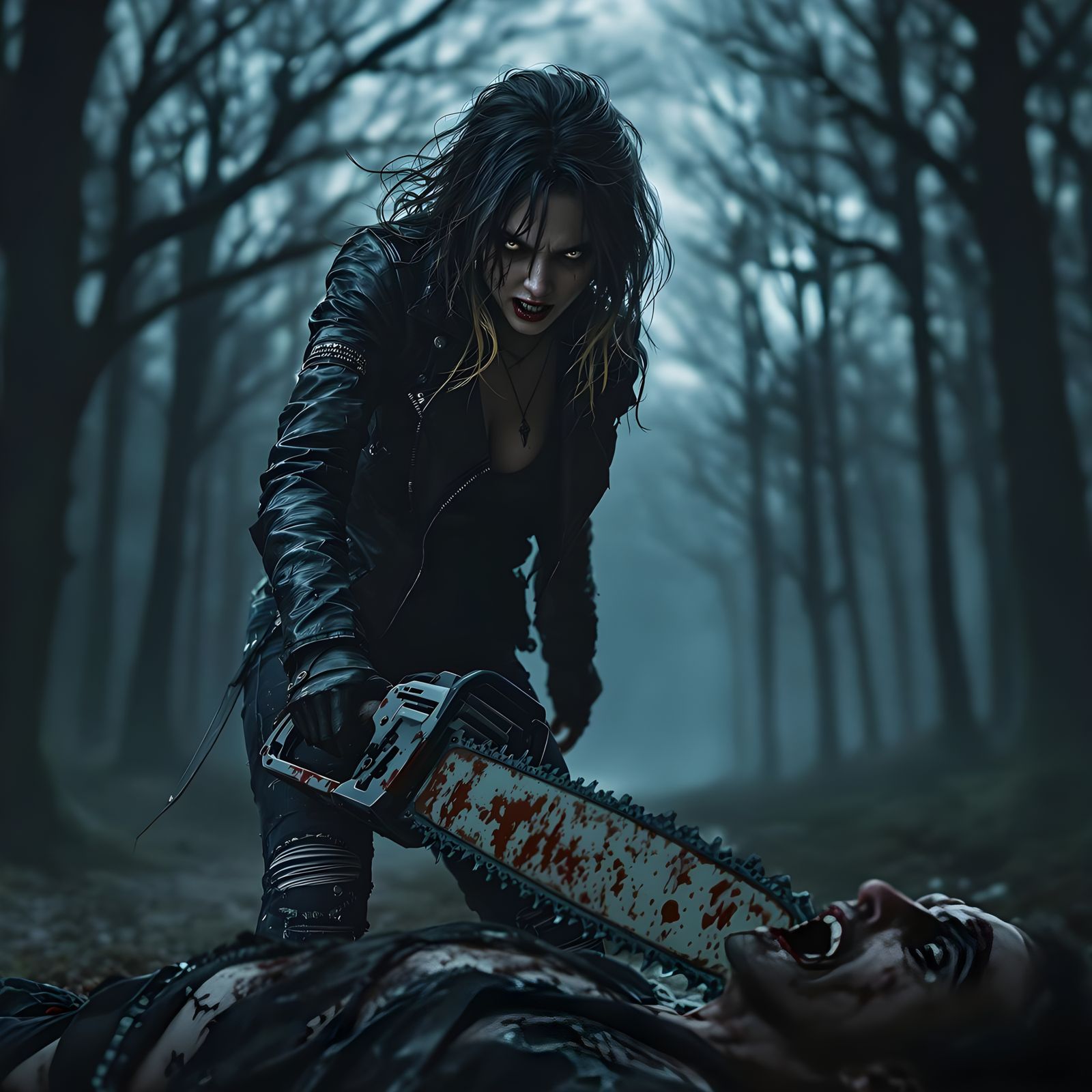 Dark Fantasy Woman Wields Chainsaw in Foreboding Forest Scen...