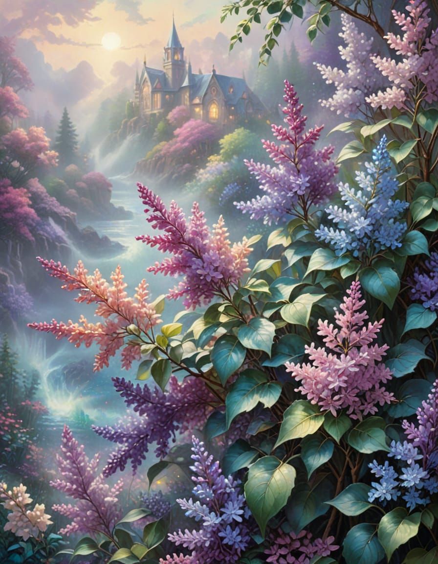 Stained Glass Lilacs in Ethereal Fantasy Mist