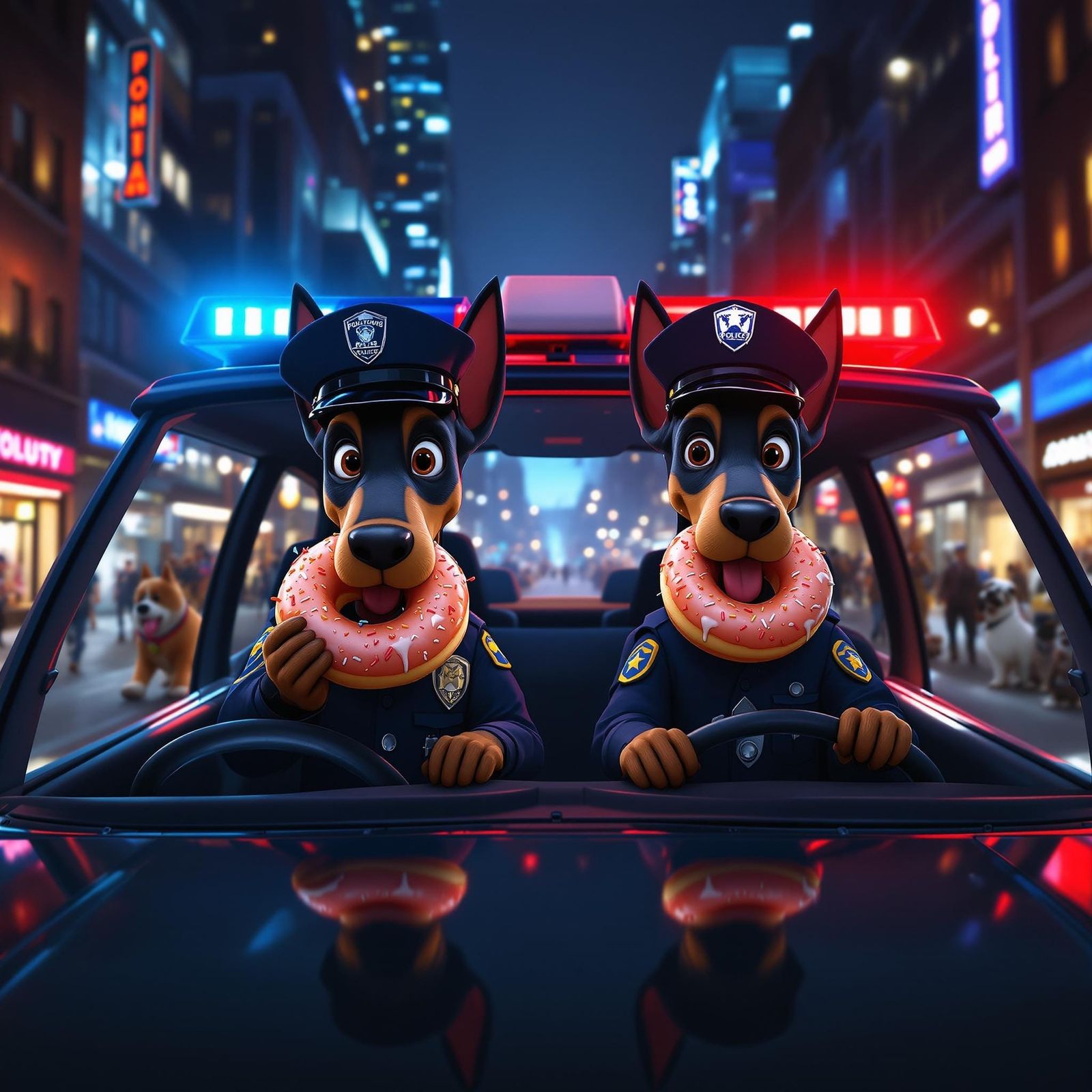 Humorous Police Dog Squad in a Vibrant Cityscape