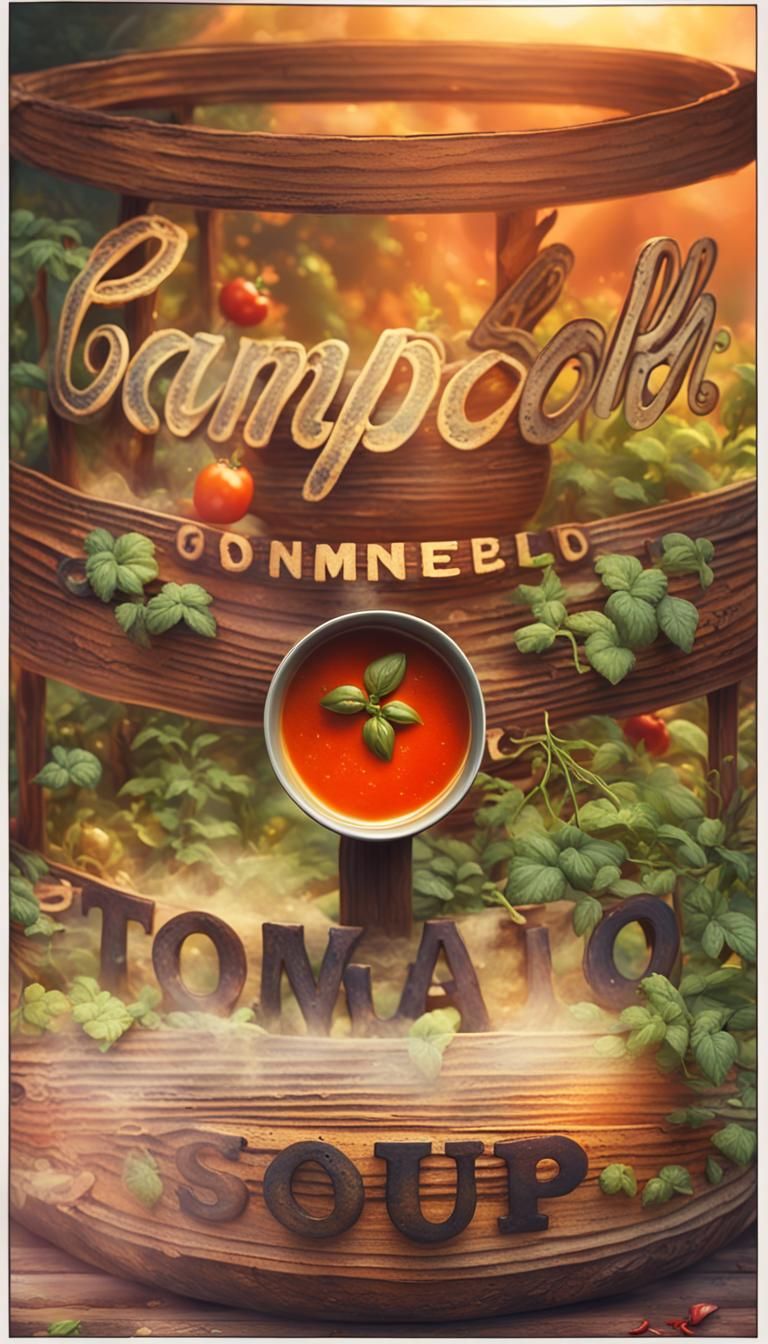 Fanciful Garden Scene with Steaming Tomato Soup
